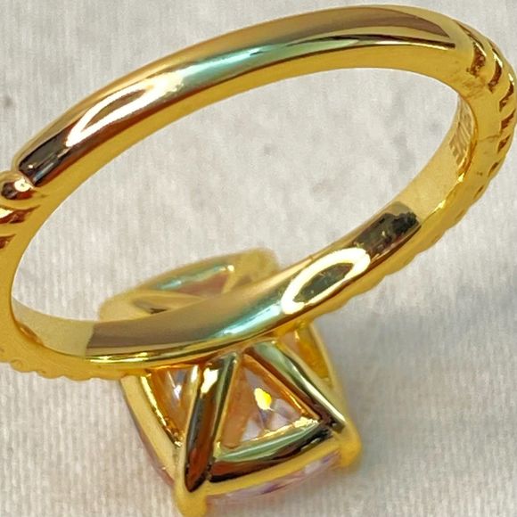 Silver 925 Ring Delux Gold Tone Square Clear Stone Scalloped Trim - Picture 4 of 8